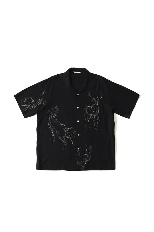 OLD JOE BRAND ORIGINAL PRINTED OPEN COLLAR SHIRTS (ANIMAL DRAWING) Short-sleeve BLACK 261OJ-SH22