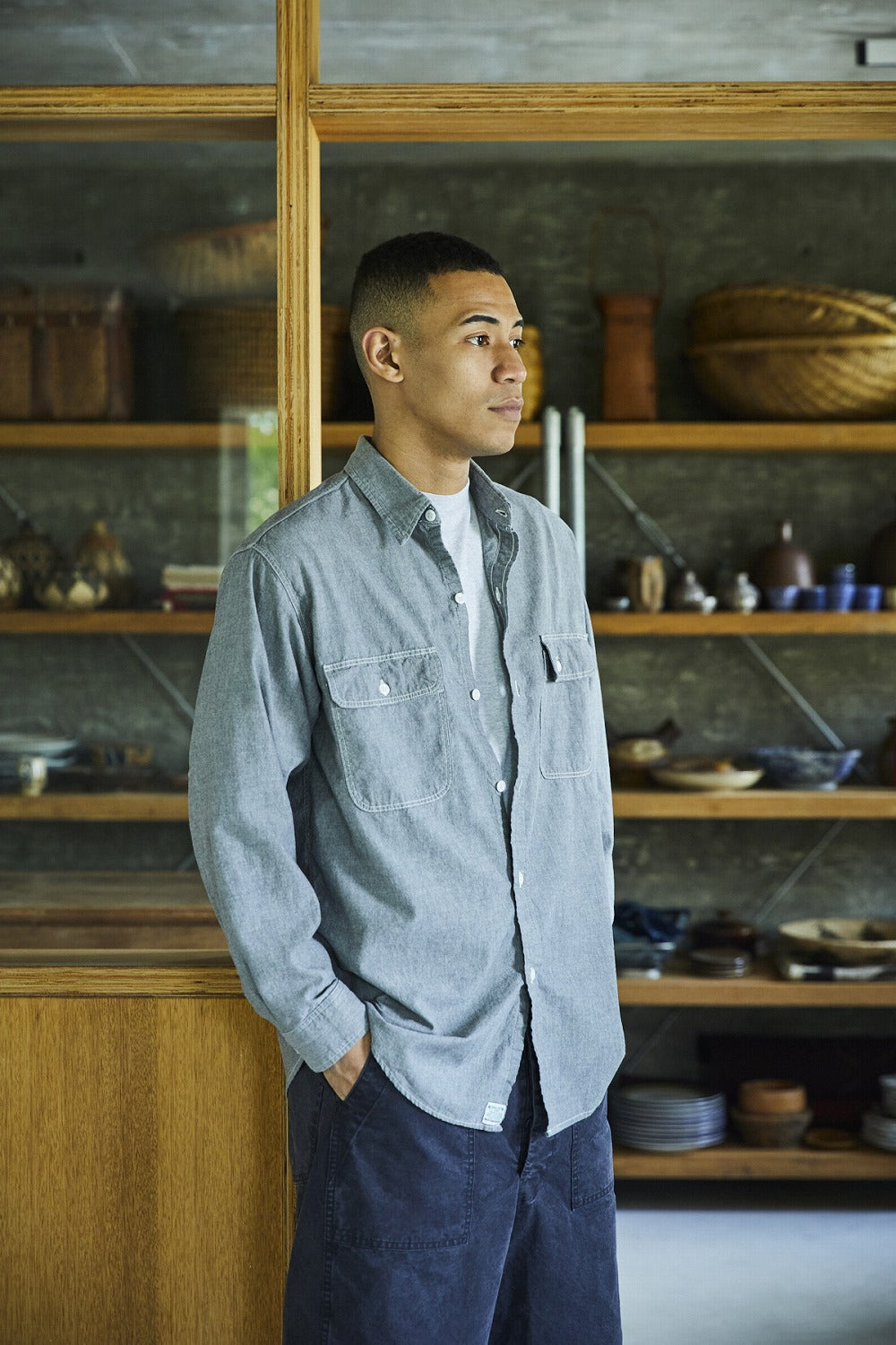 orslow GRAY CHAMBRAY WORK SHIRT WITH FLAP POCKET 01-8064-64