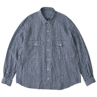 PORTER CLASSIC  ROLL UP LINEN GINGHAM CHECK SHIRT DARK BLUE