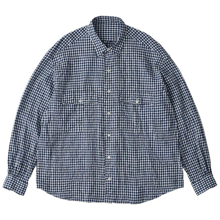 PORTER CLASSIC  ROLL UP LINEN GINGHAM CHECK SHIRT DARK BLUE