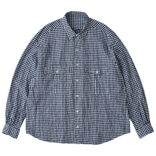 PORTER CLASSIC  ROLL UP LINEN GINGHAM CHECK SHIRT DARK BLUE