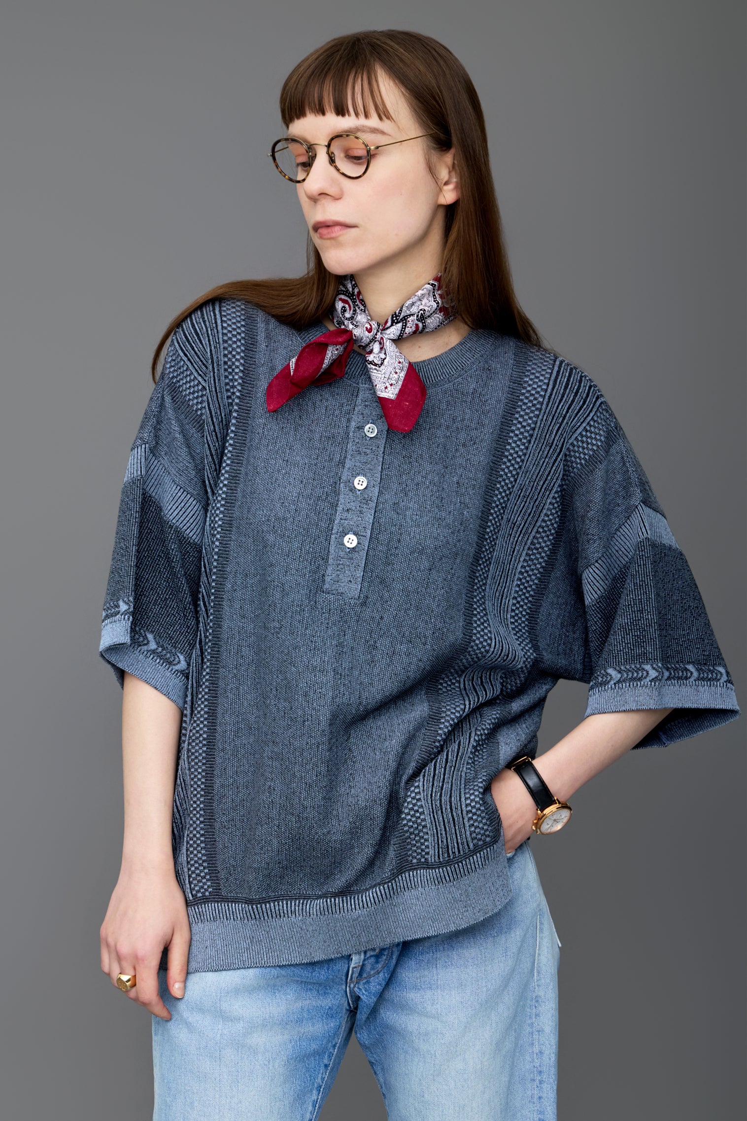 YASHIKI Ryokufu Henley Knit (Green Wind) YSK-26SS-KN13 BLUE