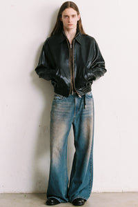 CODA INDIGO WASHED DISTRESSED BREAK CUT WIDE STRAIGHT JEANS