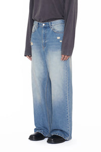 CODA INDIGO WASHED DISTRESSED BREAK CUT WIDE STRAIGHT JEANS