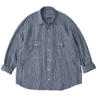 PORTER CLASSIC  ROLL UP LINEN GINGHAM CHECK SHIRT DARK BLUE