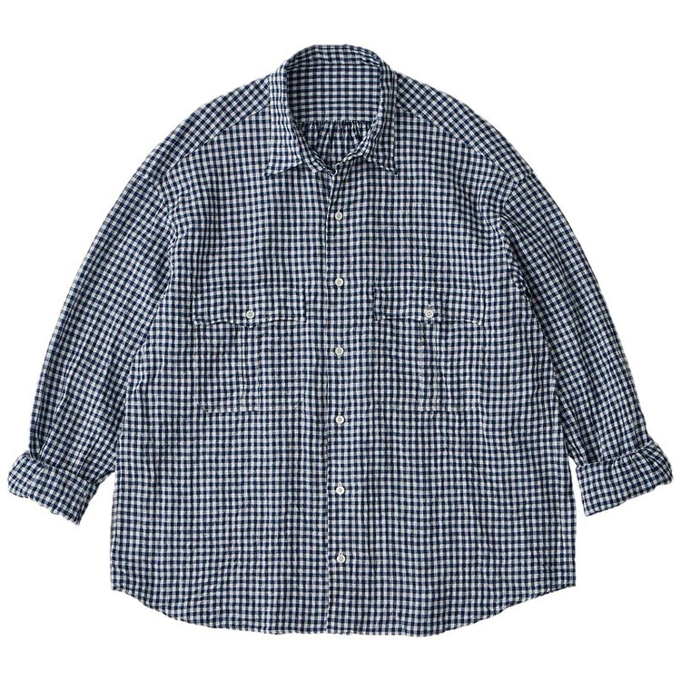PORTER CLASSIC  ROLL UP LINEN GINGHAM CHECK SHIRT DARK BLUE