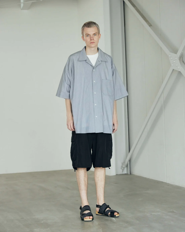 ARMY TWILL / COTTON STRIPE HALF SLEEVE SHIRT BLUE