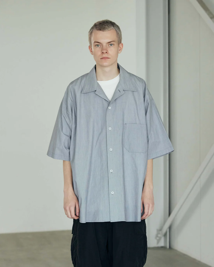 ARMY TWILL / COTTON STRIPE HALF SLEEVE SHIRT BLUE
