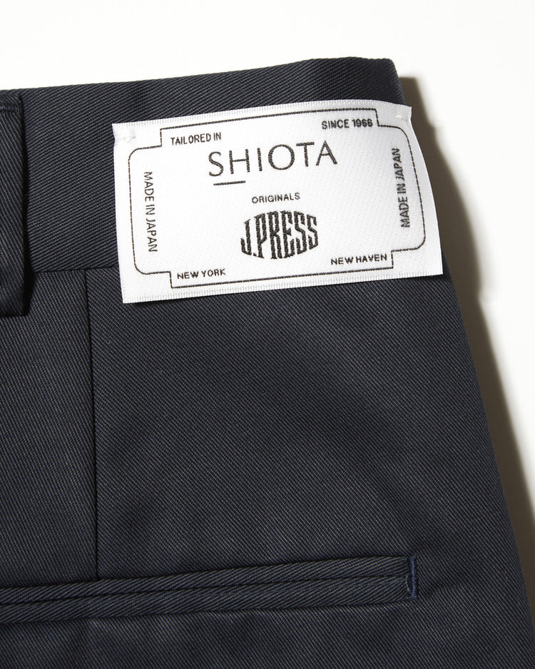 J.PRESS ORIGINALS SHIOTA Slight Twist Chino Piped Stem 1 tuck Japan Made NAVY