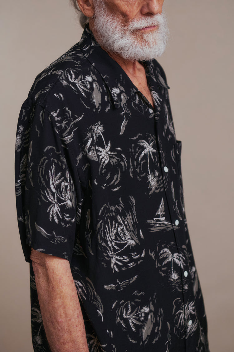 OLD JOE BRAND  ORIGINAL PRINTED OPEN COLLAR SHIRTS (PALM TREE) Short-sleeve BLACK 261OJ-SH23