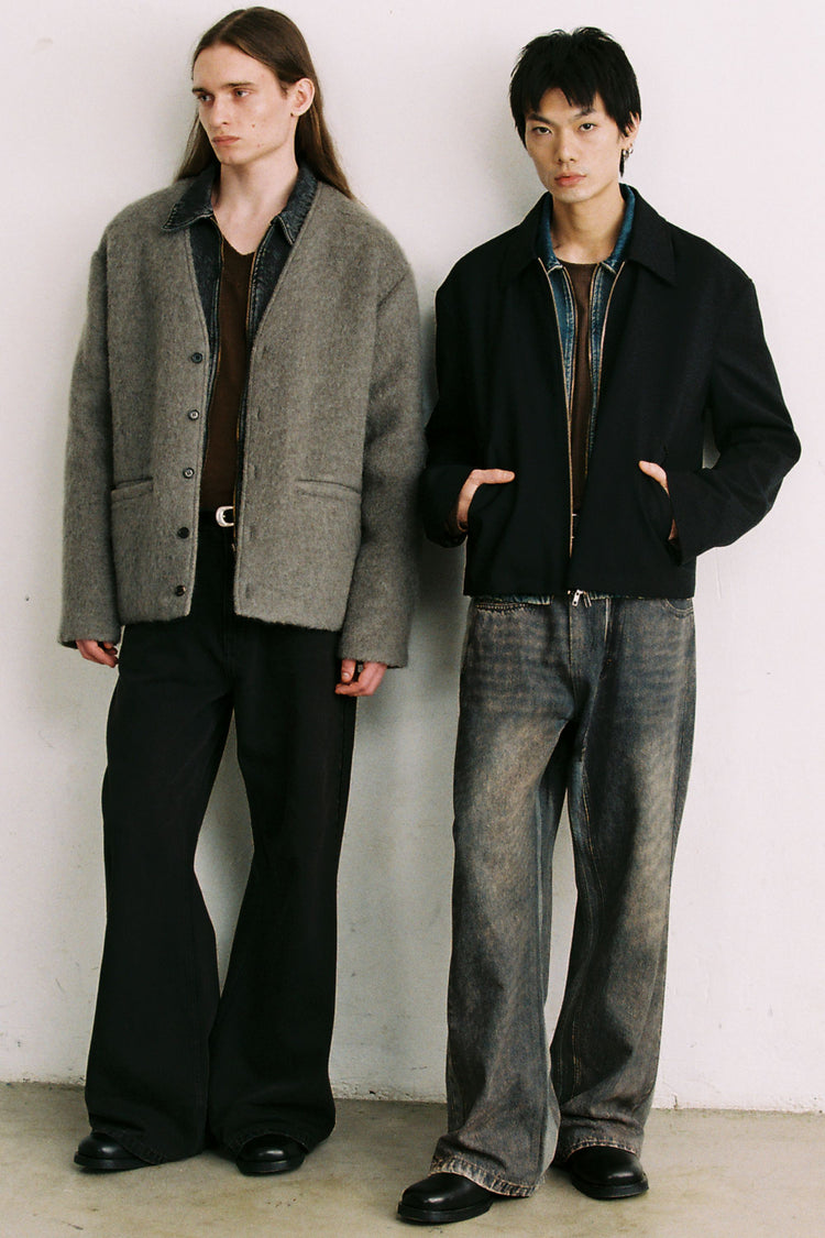 CODA GREY ACID WASH DUAL EXPOSURE BREAK CUT FLARED JEANS