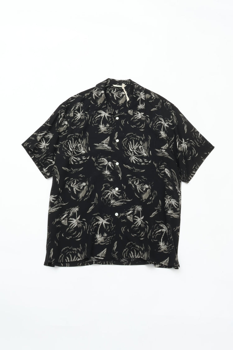 OLD JOE BRAND  ORIGINAL PRINTED OPEN COLLAR SHIRTS (PALM TREE) Short-sleeve BLACK 261OJ-SH23