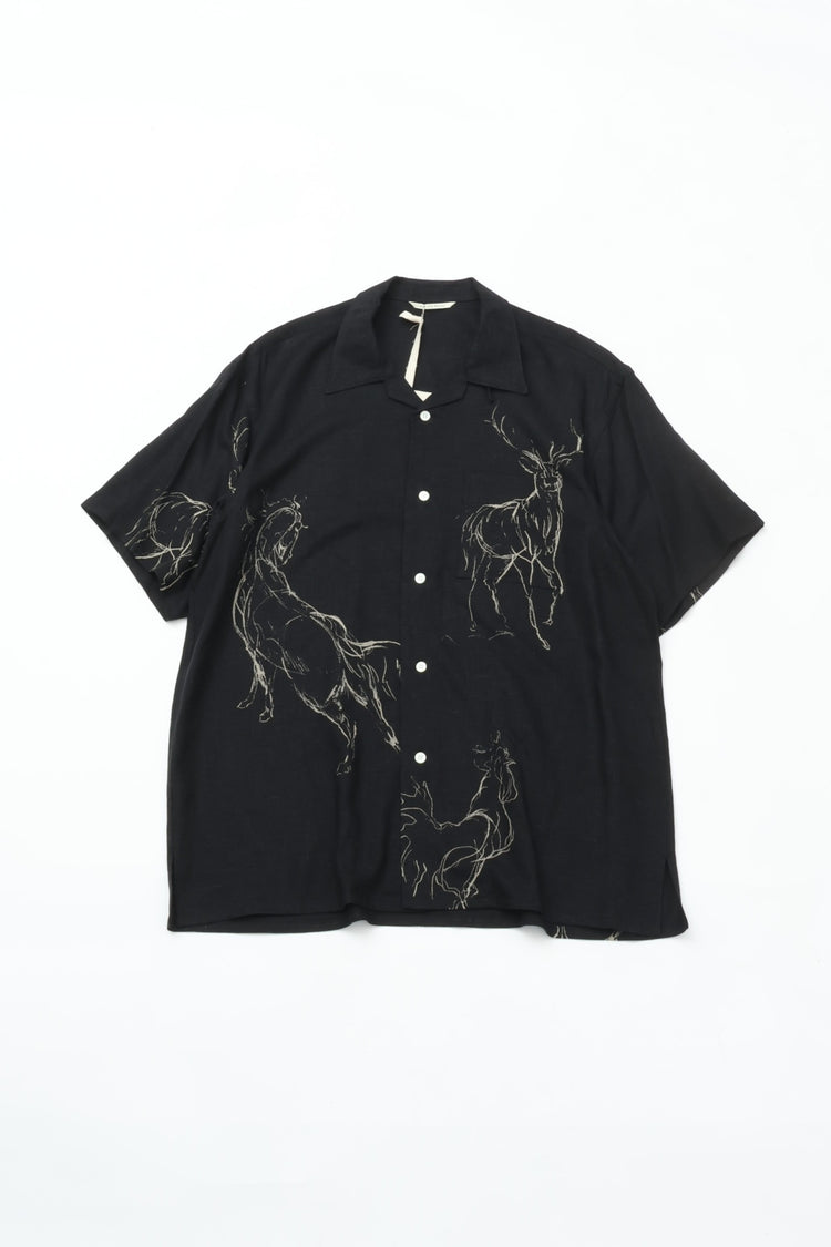OLD JOE BRAND  ORIGINAL PRINTED OPEN COLLAR SHIRTS (ANIMAL DRAWING) Short-sleeve BLACK 261OJ-SH22