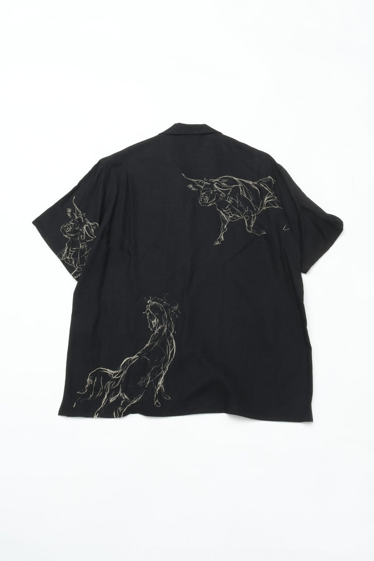 OLD JOE BRAND  ORIGINAL PRINTED OPEN COLLAR SHIRTS (ANIMAL DRAWING) Short-sleeve BLACK 261OJ-SH22