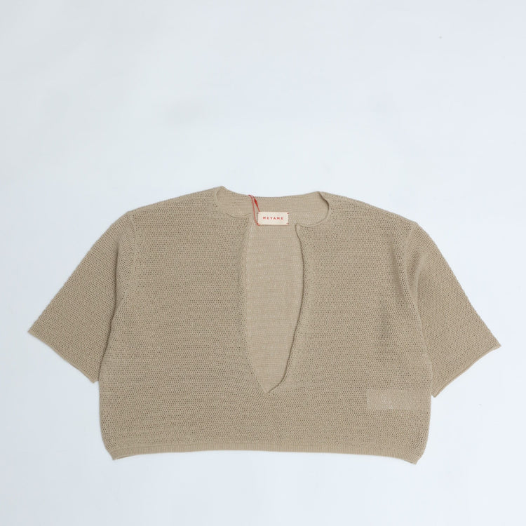 MEYAME / LONG SLIT HALF-SLEEVE KNIT BEIGE