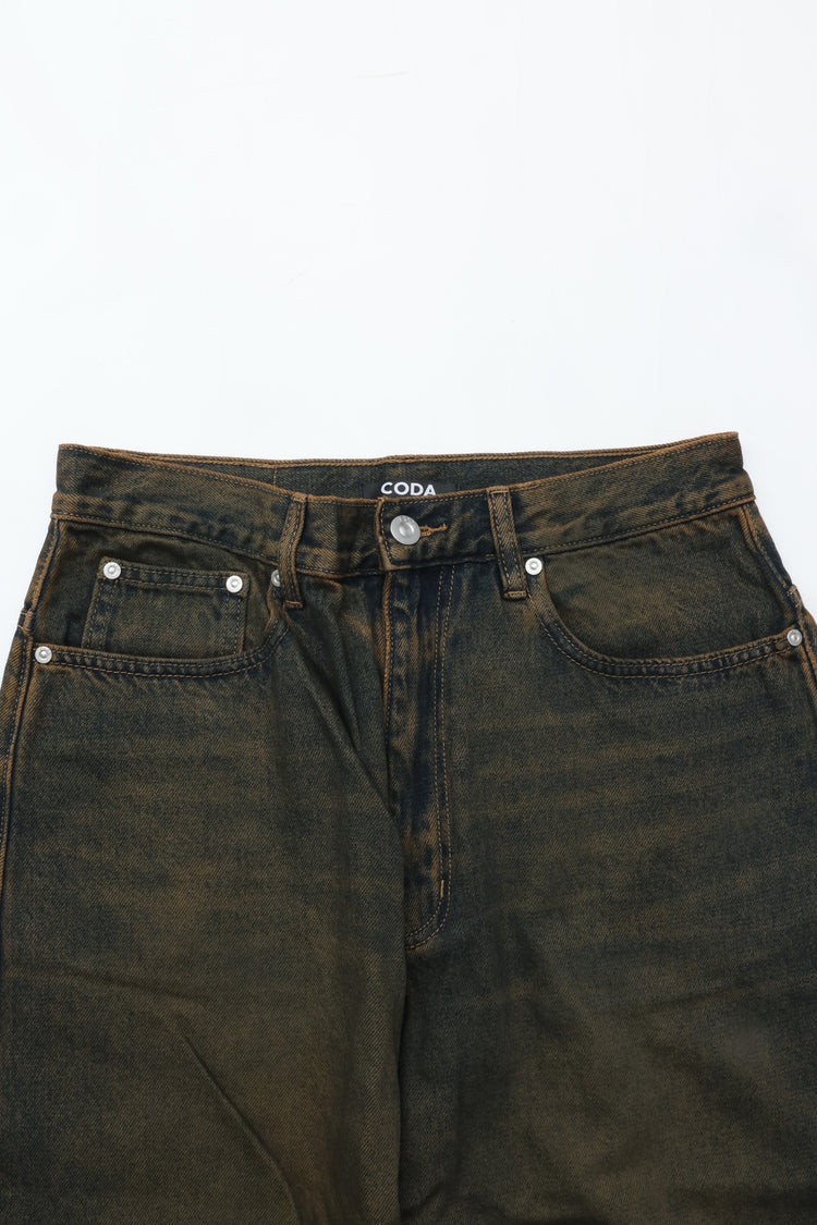 CODA BLACK BROWN WASHED DISTRESSED EXTENDED CUT LUFT JEANS