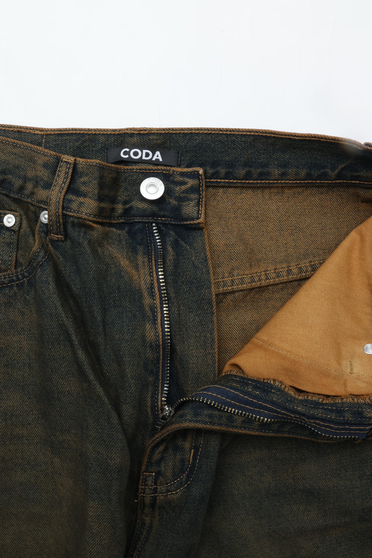 CODA BLACK BROWN WASHED DISTRESSED EXTENDED CUT LUFT JEANS