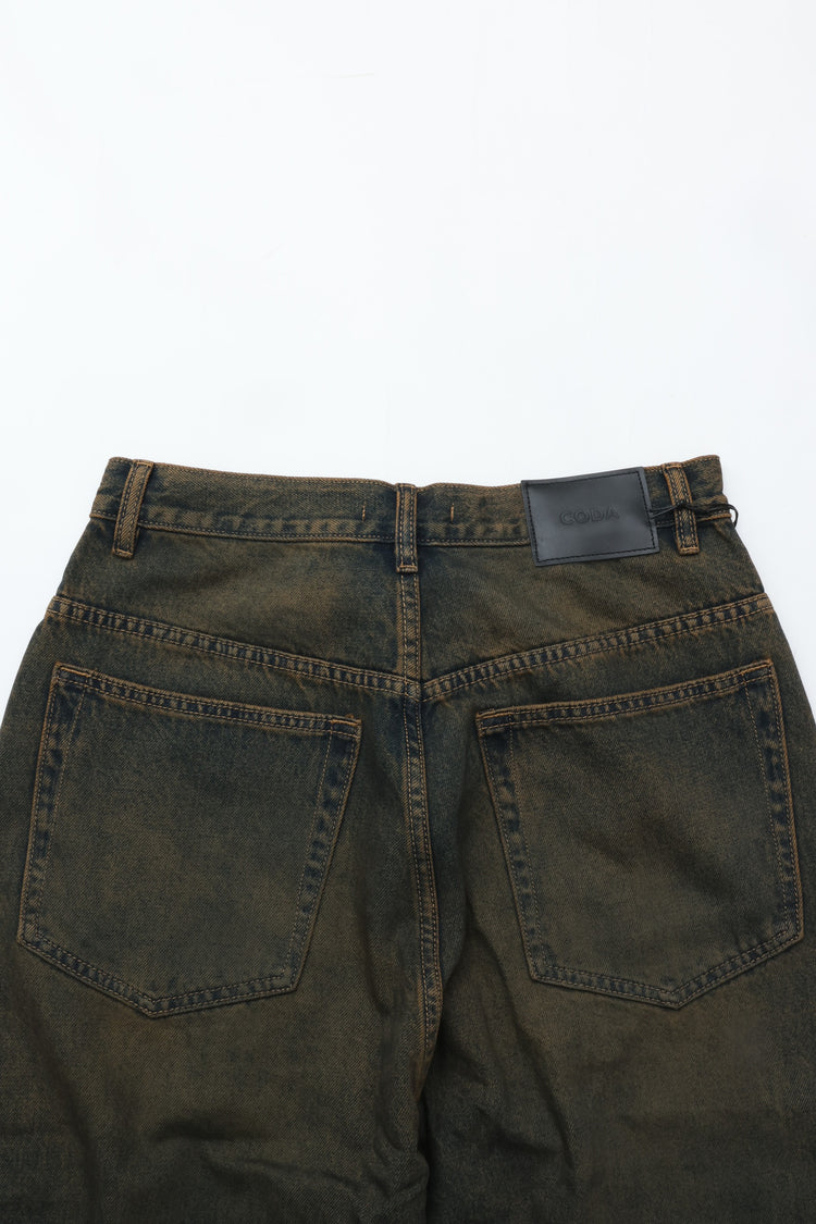 CODA BLACK BROWN WASHED DISTRESSED EXTENDED CUT LUFT JEANS