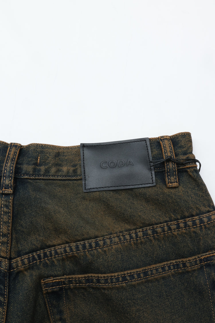 CODA BLACK BROWN WASHED DISTRESSED EXTENDED CUT LUFT JEANS