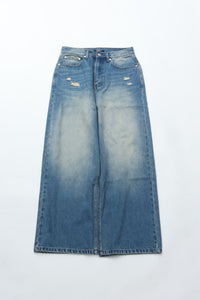 CODA INDIGO WASHED DISTRESSED BREAK CUT WIDE STRAIGHT JEANS