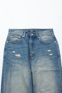 CODA INDIGO WASHED DISTRESSED BREAK CUT WIDE STRAIGHT JEANS