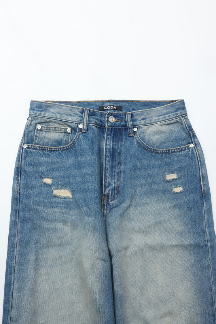 CODA INDIGO WASHED DISTRESSED BREAK CUT WIDE STRAIGHT JEANS