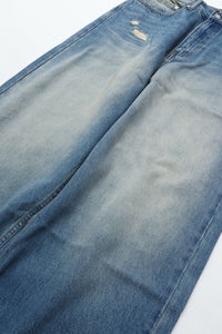 CODA INDIGO WASHED DISTRESSED BREAK CUT WIDE STRAIGHT JEANS