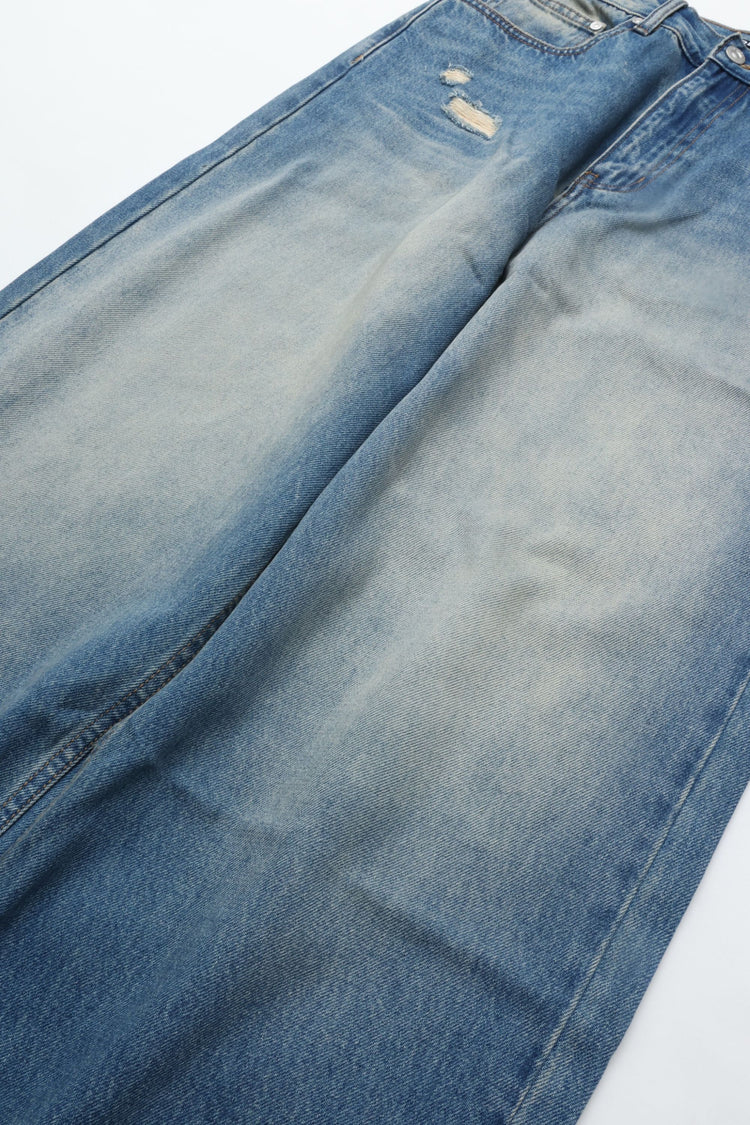 CODA INDIGO WASHED DISTRESSED BREAK CUT WIDE STRAIGHT JEANS