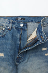 CODA INDIGO WASHED DISTRESSED BREAK CUT WIDE STRAIGHT JEANS