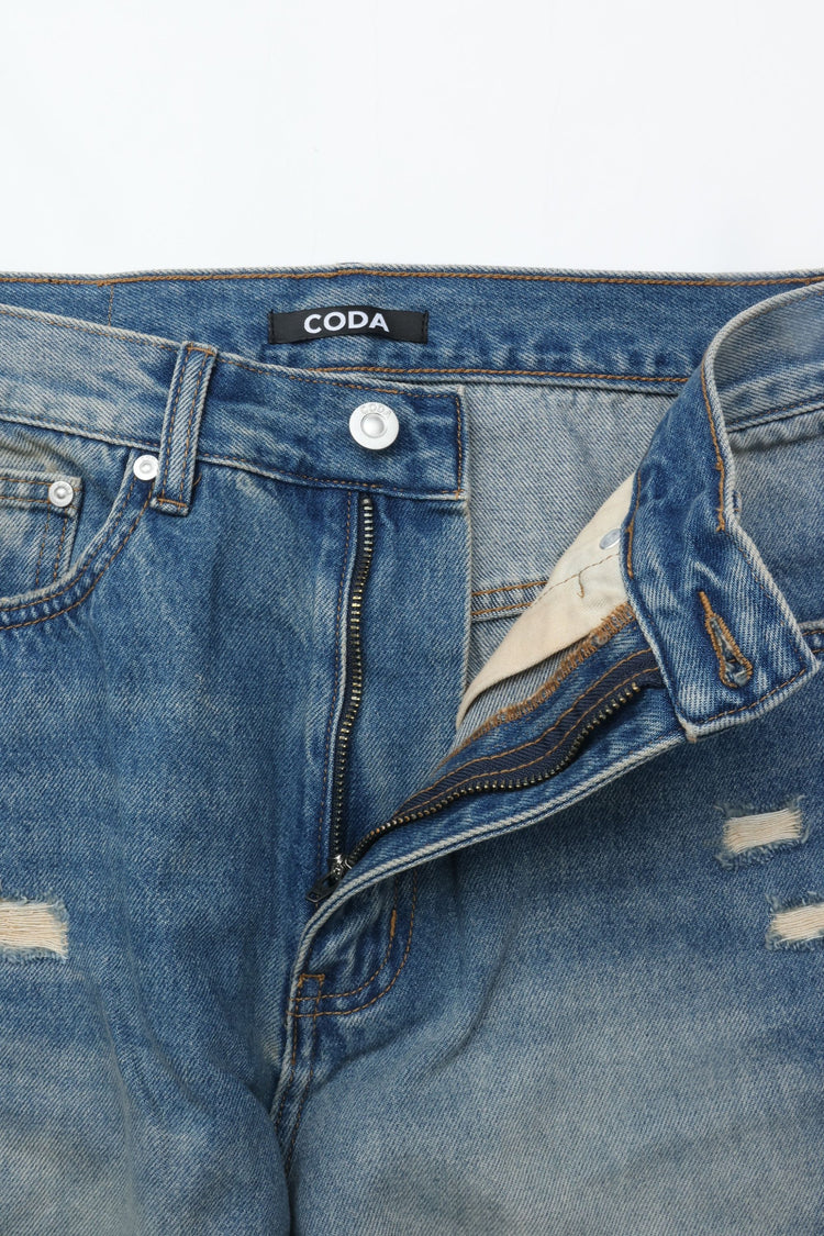CODA INDIGO WASHED DISTRESSED BREAK CUT WIDE STRAIGHT JEANS