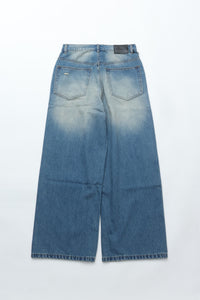 CODA INDIGO WASHED DISTRESSED BREAK CUT WIDE STRAIGHT JEANS