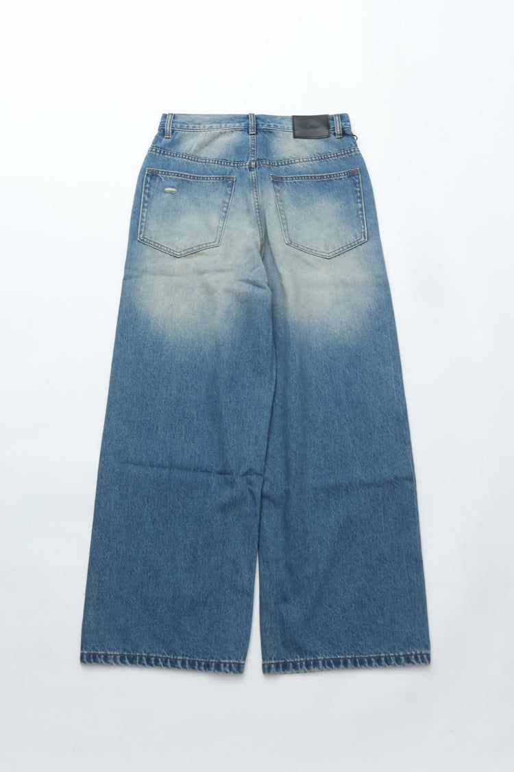 CODA INDIGO WASHED DISTRESSED BREAK CUT WIDE STRAIGHT JEANS