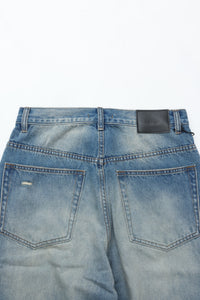 CODA INDIGO WASHED DISTRESSED BREAK CUT WIDE STRAIGHT JEANS