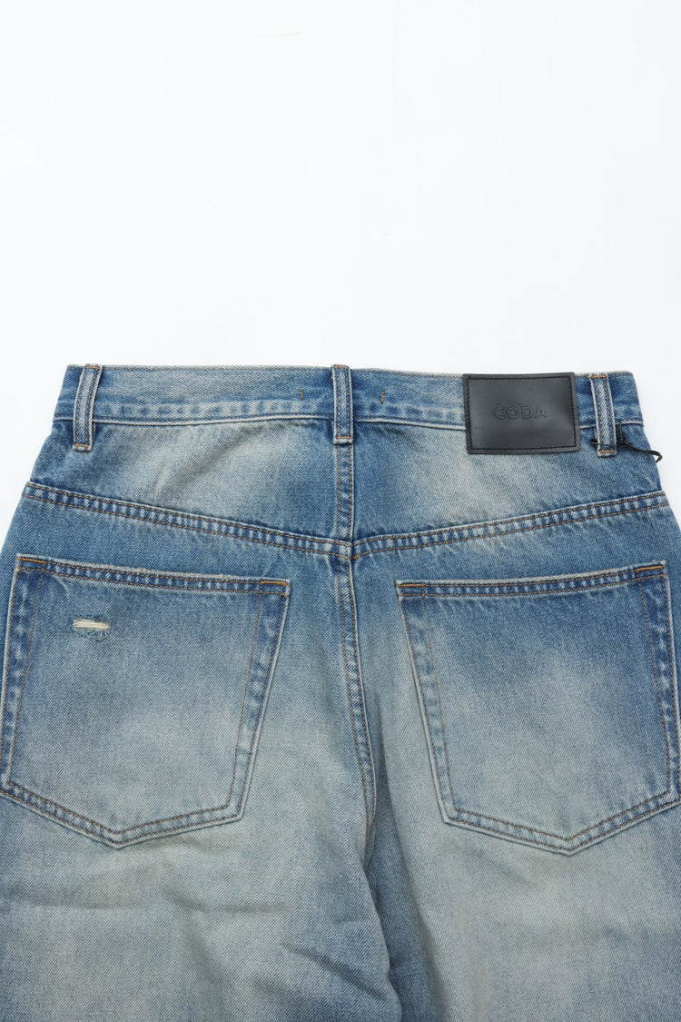 CODA INDIGO WASHED DISTRESSED BREAK CUT WIDE STRAIGHT JEANS