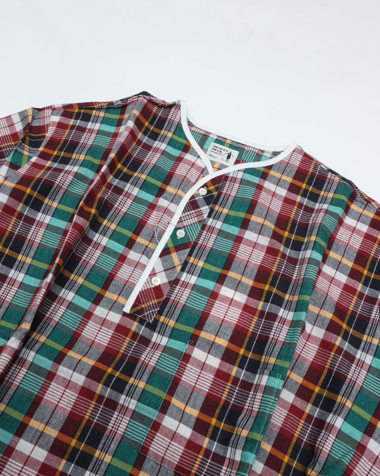 Henley Neck Department   Albert Henley Neck Shirt  Green MADRAS PLAID