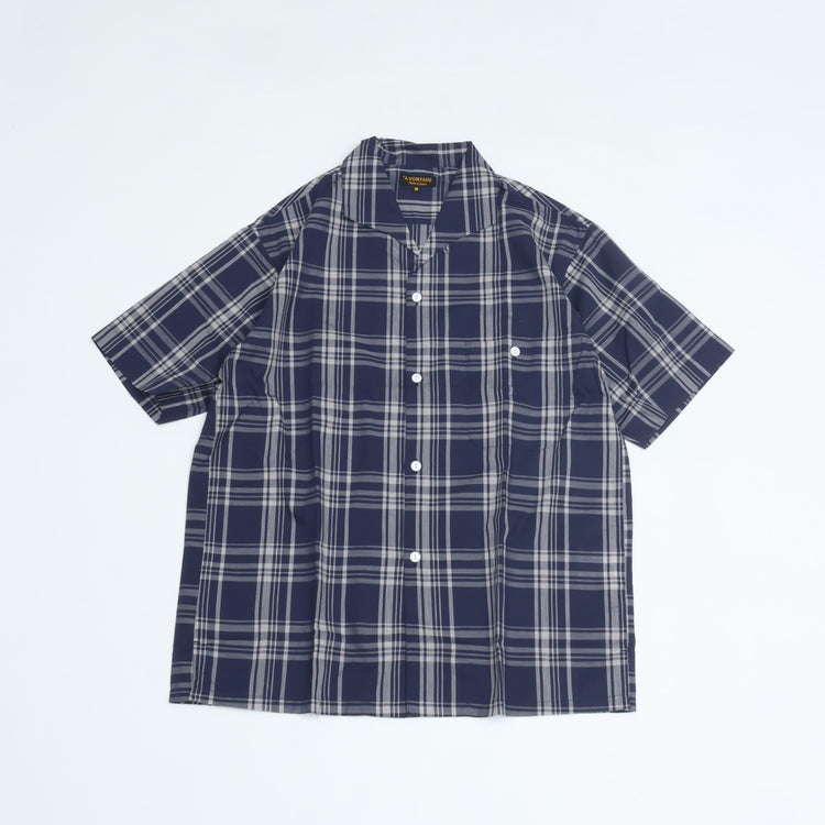 A VONTADE   Italian Open Collar Shirts SS -Check Broad Cloth-VTD-0398-SH NAVY