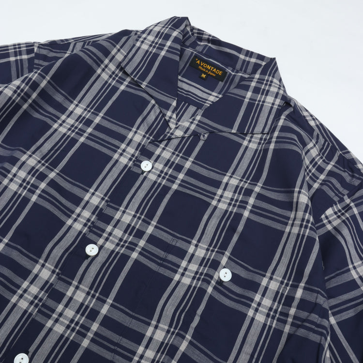 A VONTADE   Italian Open Collar Shirts SS -Check Broad Cloth-VTD-0398-SH NAVY