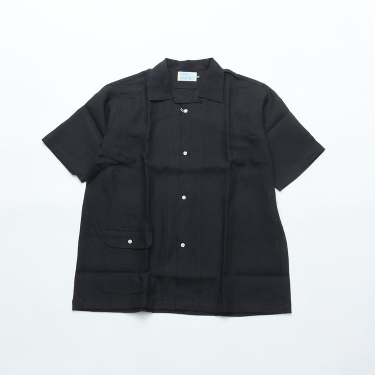 WORKERS Open Collar Shirt, Black Linen