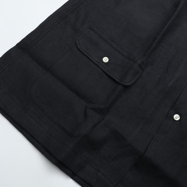 WORKERS Open Collar Shirt, Black Linen
