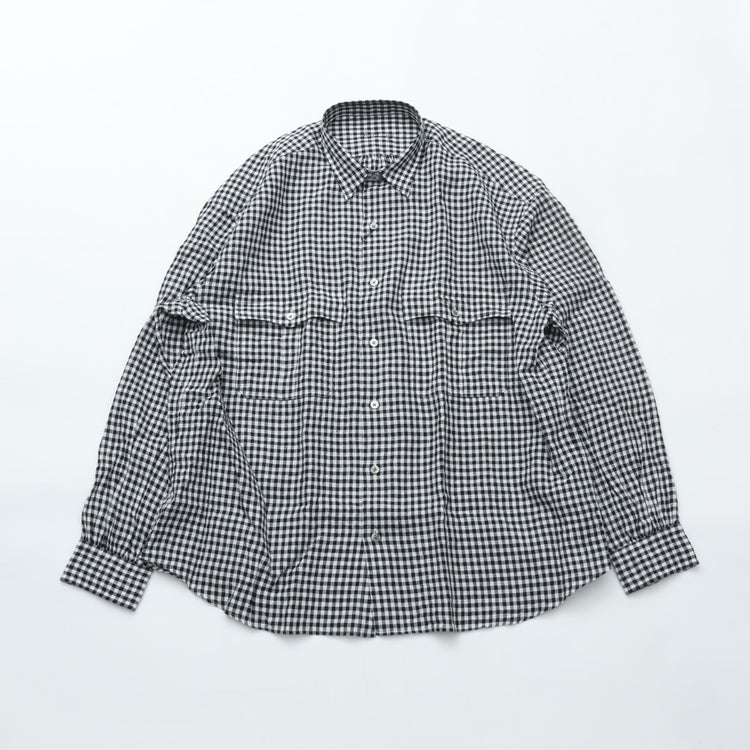PORTER CLASSIC  ROLL UP LINEN GINGHAM CHECK SHIRT BLACK