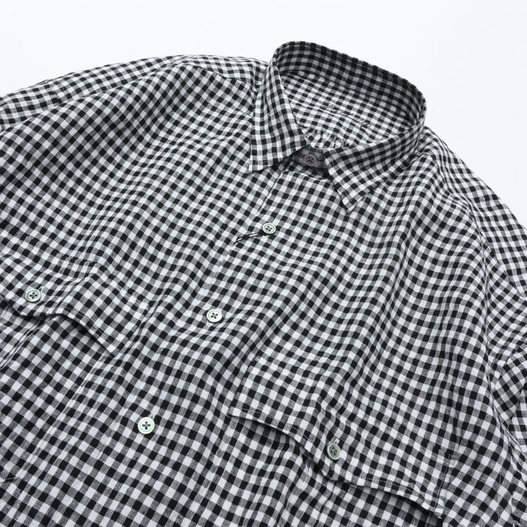 PORTER CLASSIC  ROLL UP LINEN GINGHAM CHECK SHIRT BLACK