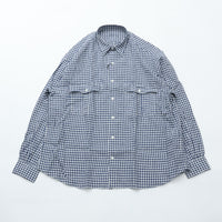 PORTER CLASSIC  ROLL UP LINEN GINGHAM CHECK SHIRT DARK BLUE
