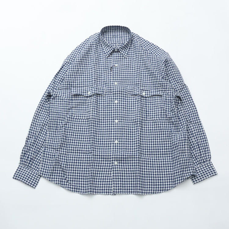 PORTER CLASSIC  ROLL UP LINEN GINGHAM CHECK SHIRT DARK BLUE