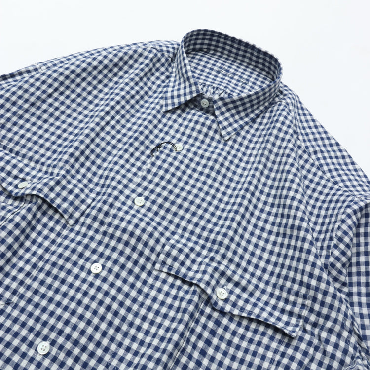 PORTER CLASSIC ROLL UP LINEN GINGHAM CHECK SHIRT DARK BLUE