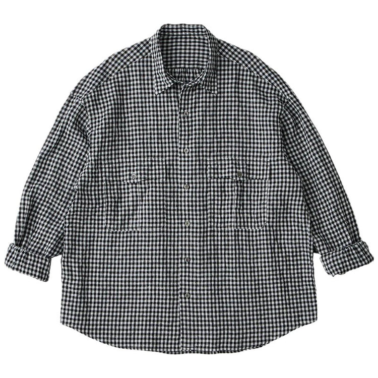 PORTER CLASSIC  ROLL UP LINEN GINGHAM CHECK SHIRT BLACK