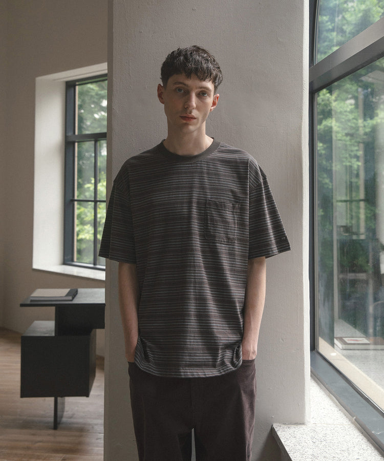 ANOTHER OFFICE  Ordinary Multi Stripe Pocket TEE AOFSTS016 MILD BROWN