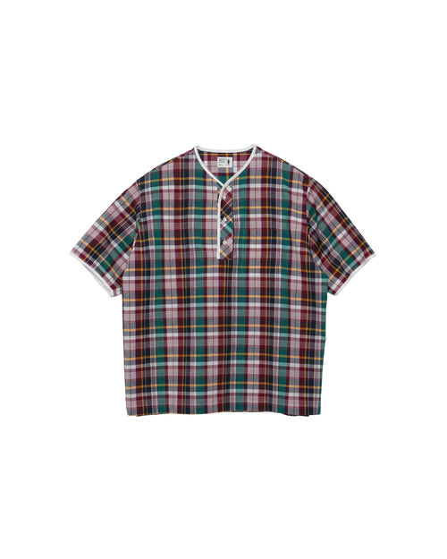 Henley Neck Department   Albert Henley Neck Shirt  Green MADRAS PLAID