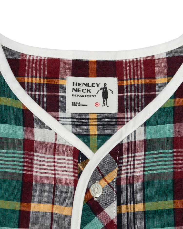 Henley Neck Department   Albert Henley Neck Shirt  Green MADRAS PLAID