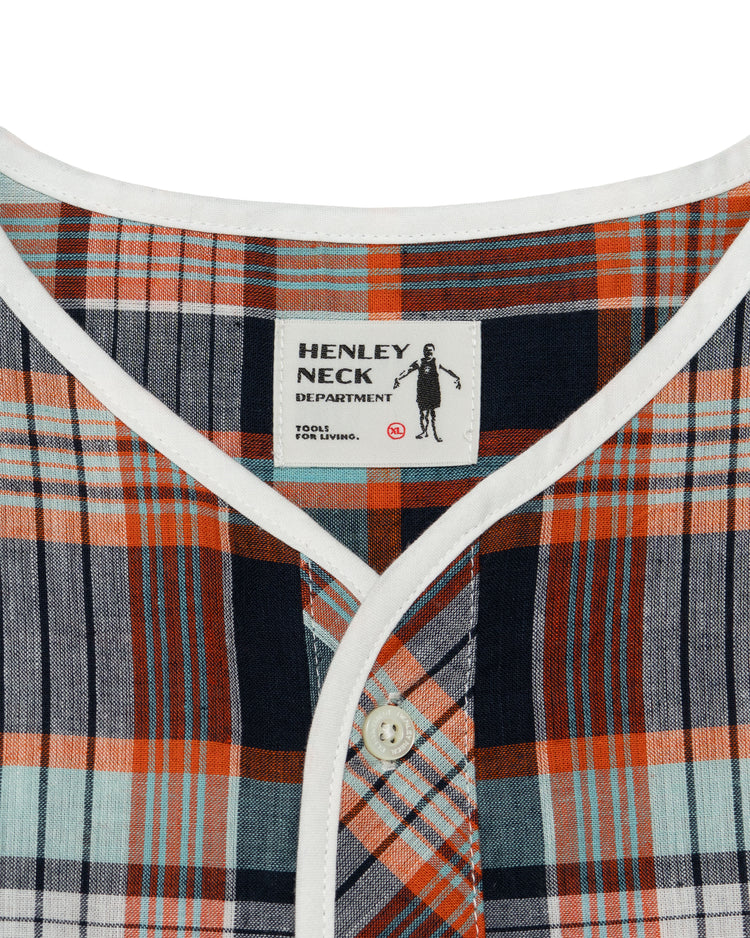 Henley Neck Department   Albert Henley Neck Shirt  Orange MADRAS PLAID