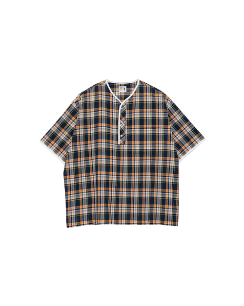 Henley Neck Department   Albert Henley Neck Shirt  Orange×Yellow MADRAS PLAID